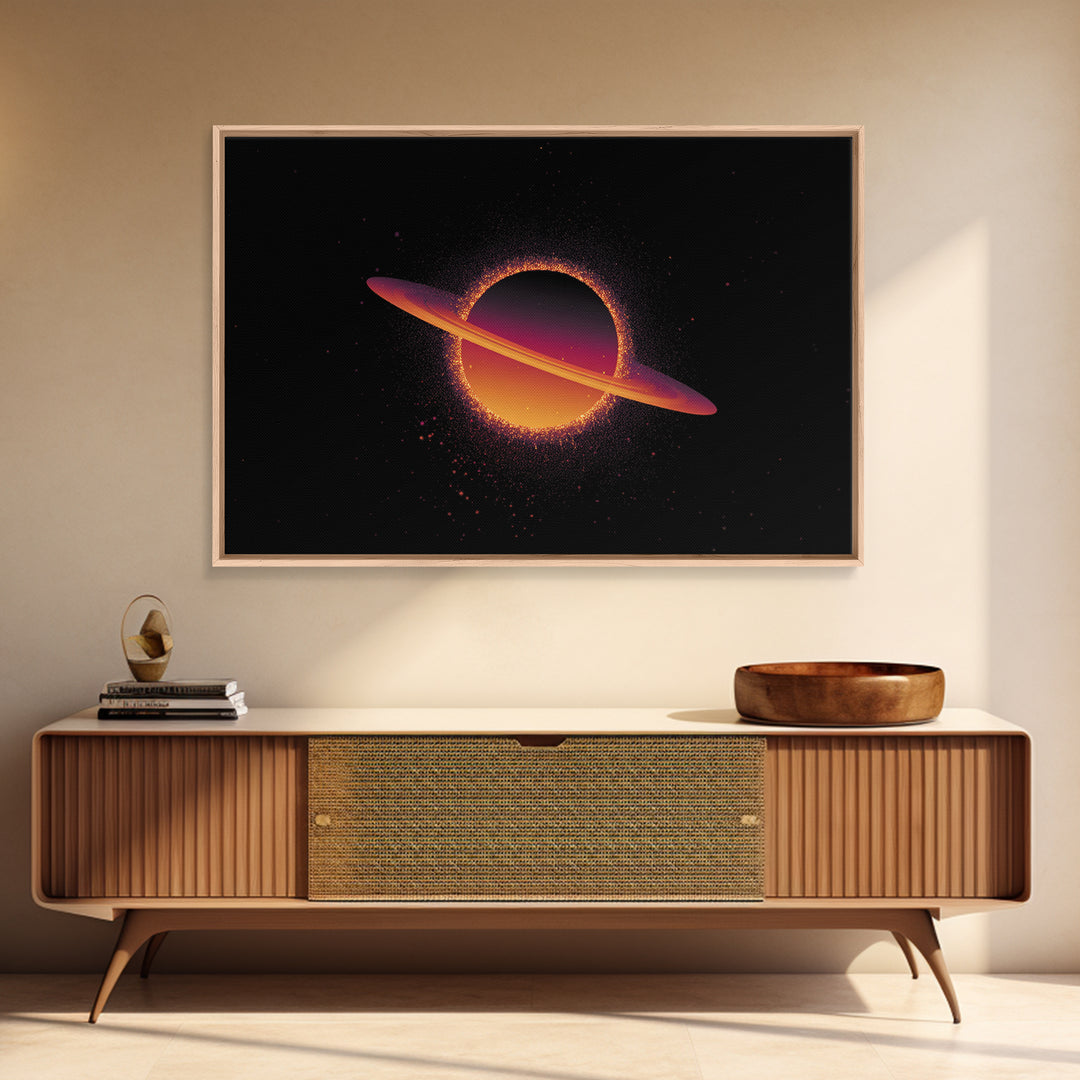 Orange Ringed Planet Wall Art, Retro Cosmic Canvas Print, Saturn Inspired Space Poster, Modern Sci Fi Home Decor, Galaxy Art Print