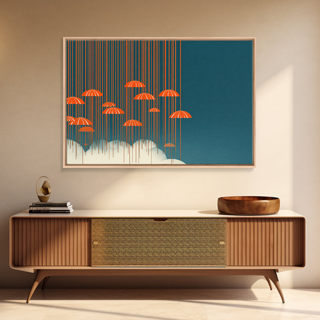 Orange Umbrella Rainfall Canvas Print, Teal Sky Cloudscape Wall Decor, Midcentury Modern Art, Retro Graphic Poster For Living Room
