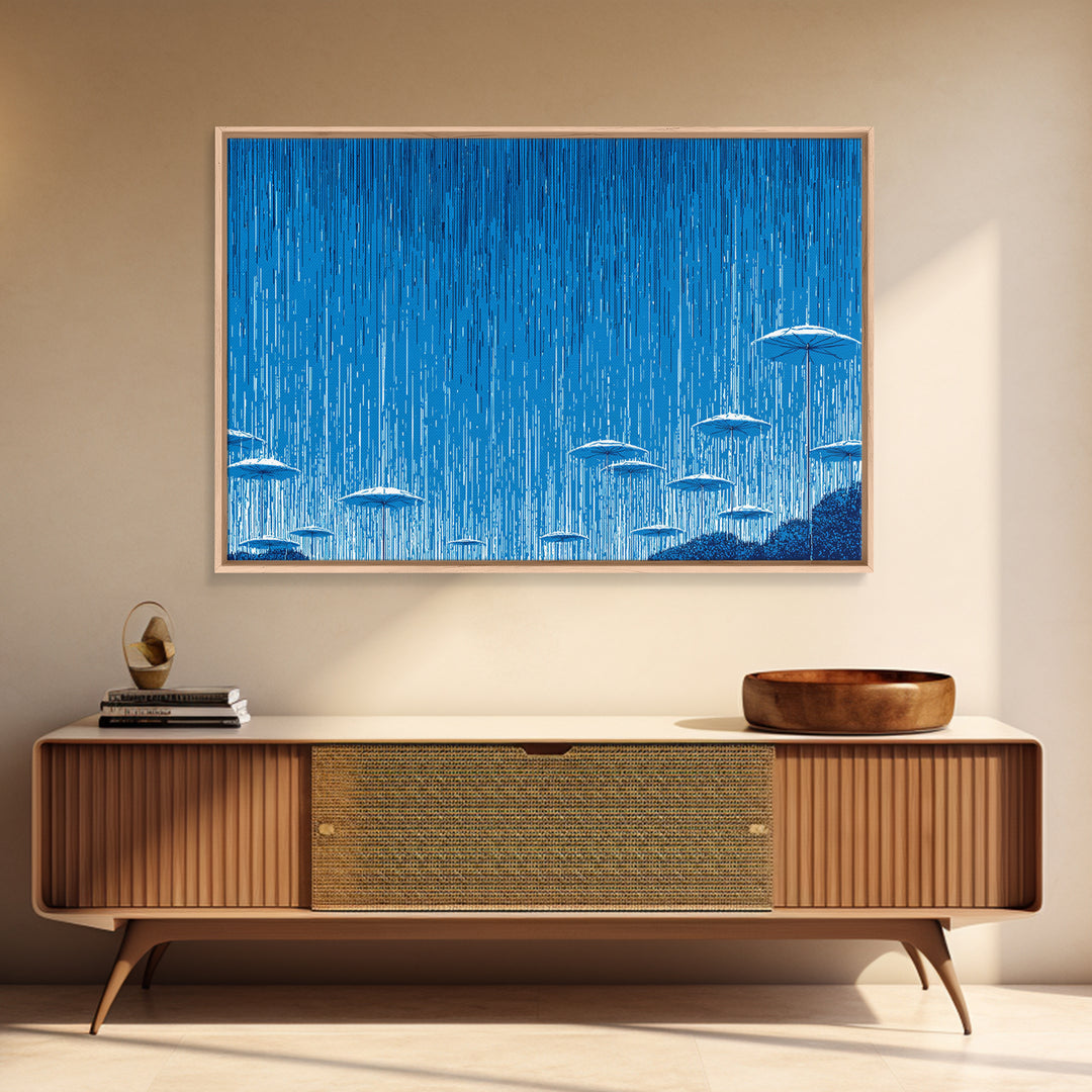 Blue Monsoon Umbrella Rain Wall Art, White Parasol Storm Scene, Modern Abstract Art Print, Coastal Bedroom Wall Decor Poster