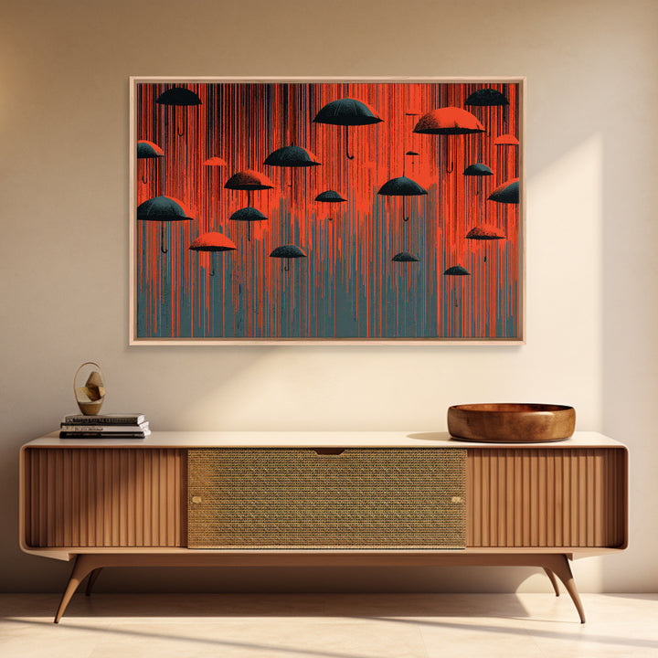 Red And Black Umbrella Storm Framed Canvas Print, Dramatic Rain Wall Art, Modern Abstract Poster, Bold MCM Wall Decor Print