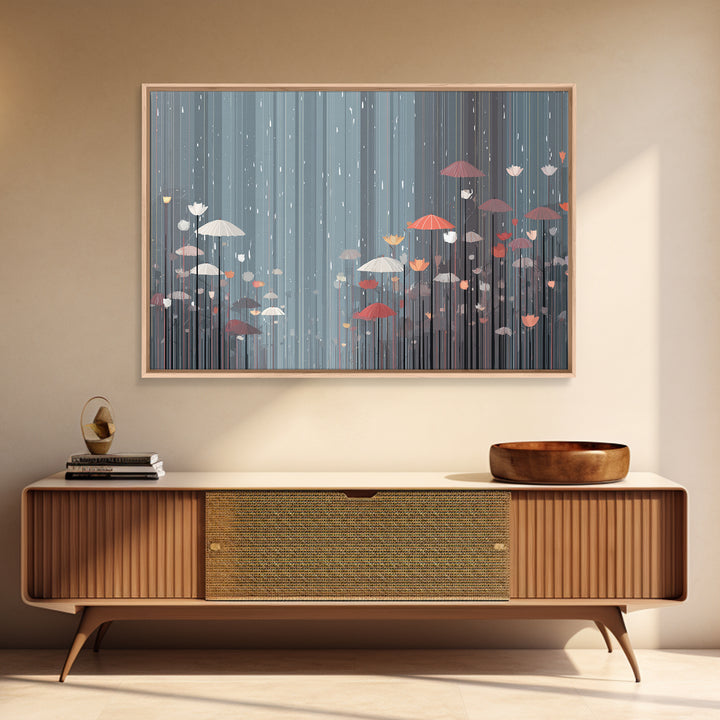 Soft Gray Floral Umbrella Rain Wall Art, Moody Botanical Storm Scene, Modern Home Decor, Bedroom Framed Canvas Print Poster