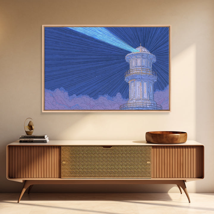 Blue Lighthouse Beam Framed Canvas Print, Coastal Night Sky Wall Art, Nautical Modern Poster, Scenic Ocean Home Decor Print