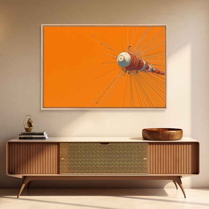 Orange Retro Space Satellite Canvas Print, Sputnik Inspired Antenna Wall Art, Modern Sci Fi Poster, Midcentury Decor Gift