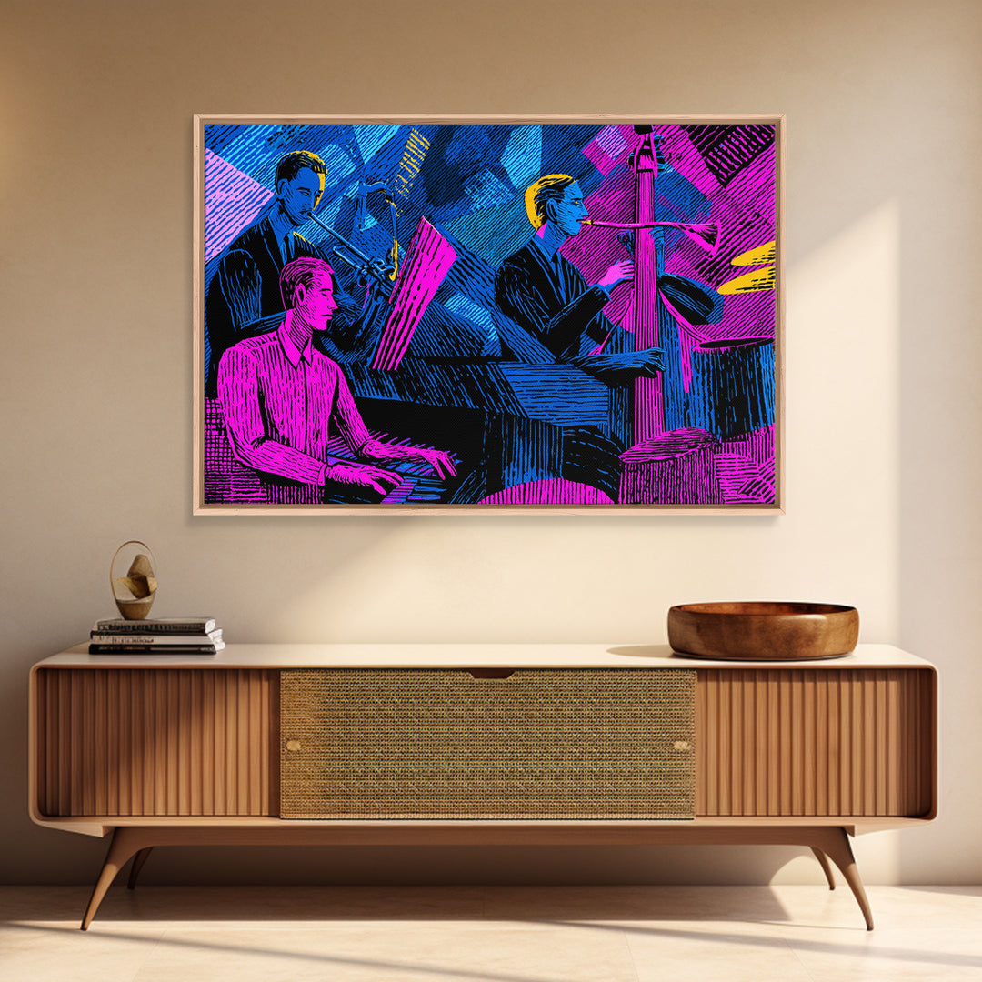 Electric Blue Magenta Jazz Club Trio Wall Art, Midcentury Modern Art Print, Neon Retro Piano Bass Music Room Decor, Poster