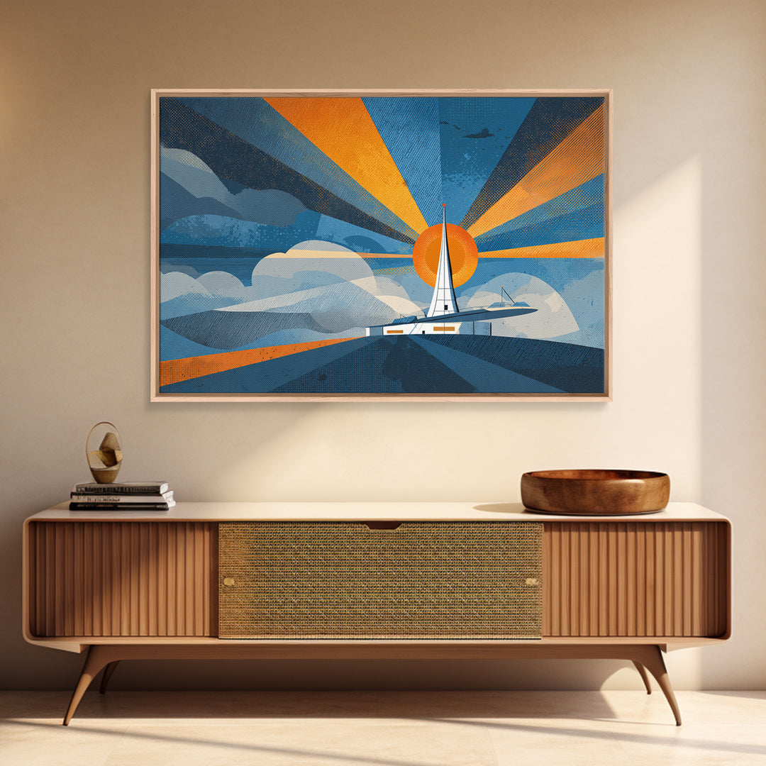 Midcentury Sailboat Sunset Wall Art, Blue Orange Ocean Rays, Retro Travel Poster, Modern Coastal Home Decor Canvas Print