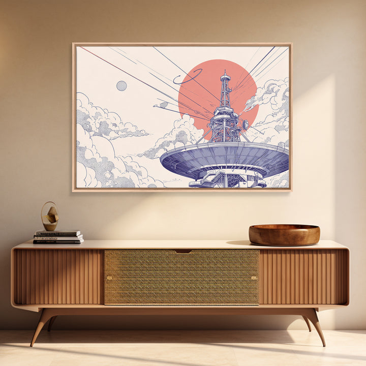 Retro Satellite Dish Under Coral Sun Wall Art, Mid Century Modern Space Poster, Sci Fi Architectural Print, Office Wall Decor