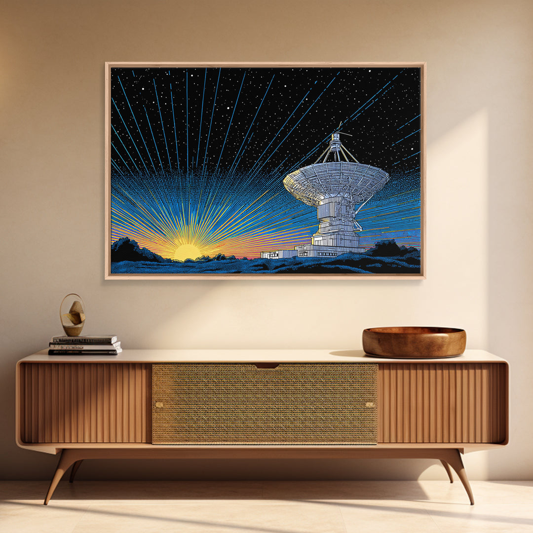 Starry Radio Telescope Sunrise Canvas Print, Mid Century Modern Wall Art, Retro Space Poster, Astronomy Home Office Decor