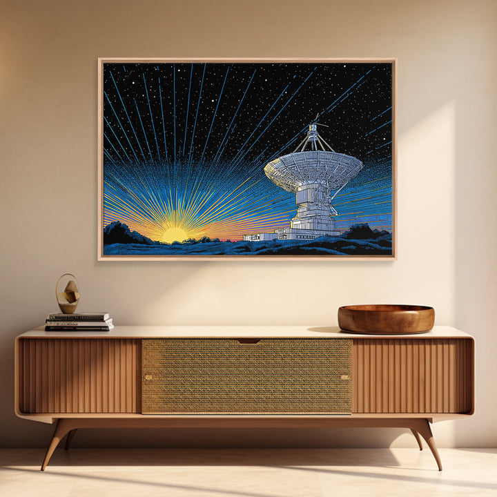 Starry Radio Telescope Sunrise Canvas Print, Mid Century Modern Wall Art, Retro Space Poster, Astronomy Home Office Decor