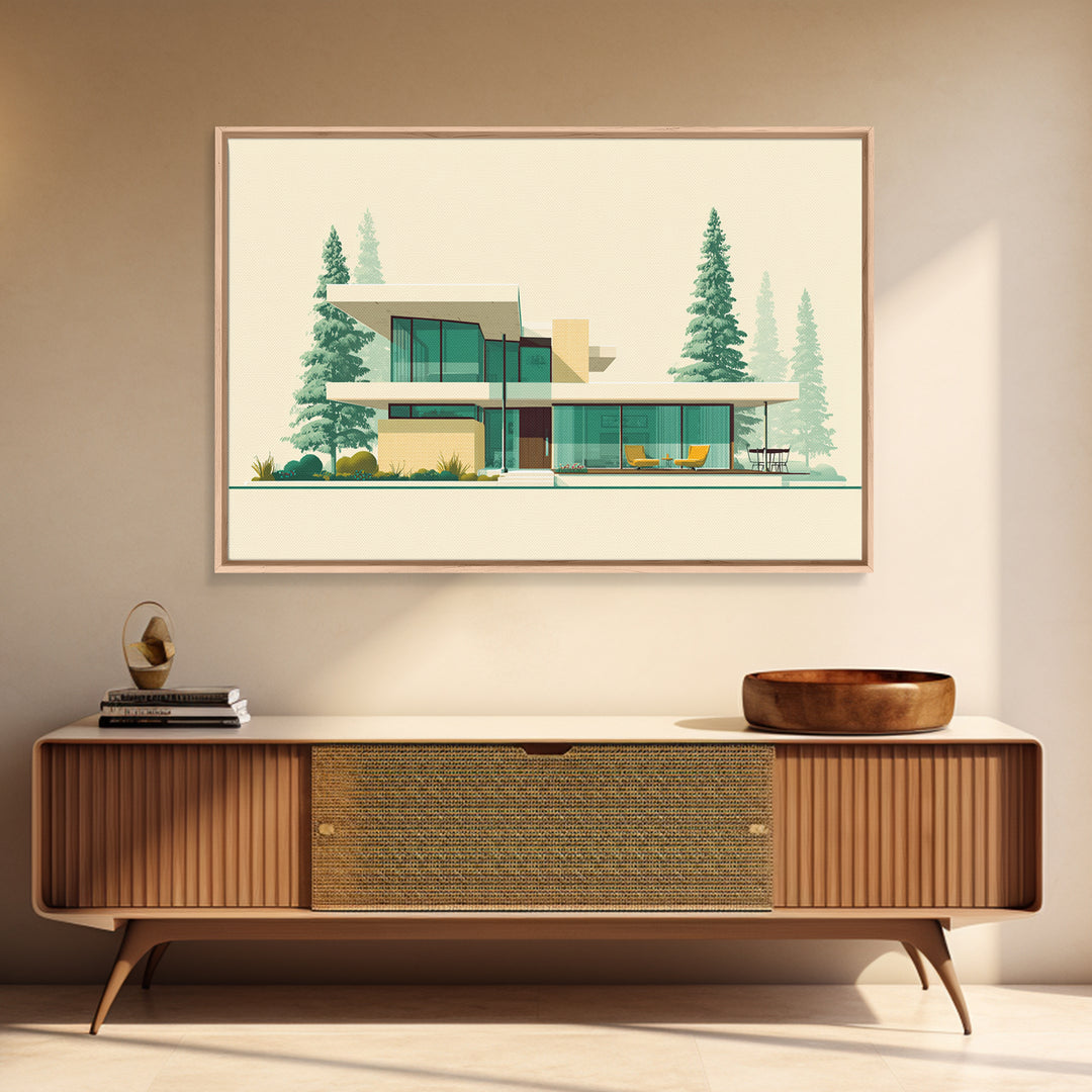 Minimal Glass House With Pines Framed Canvas Print, Mid Century Modern Architecture Wall Art, Scandinavian Modern Home Decor