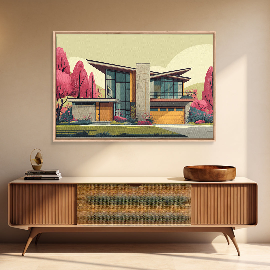 Angular Modern Home With Pink Trees Wall Art, Mid Century Modern Architecture Print, Colorful Retro Home Decor, MCM Poster