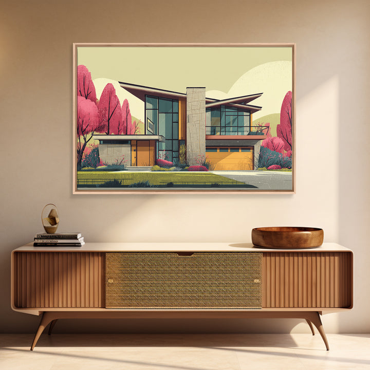Angular Modern Home With Pink Trees Wall Art, Mid Century Modern Architecture Print, Colorful Retro Home Decor, MCM Poster