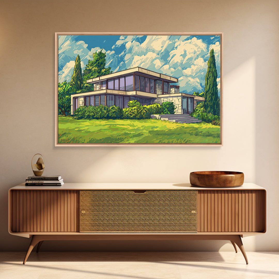Sunlit Glass Villa And Cypress Garden Canvas Print, Mid Century Modern Wall Art, Architectural Landscape Poster, Living Room Decor