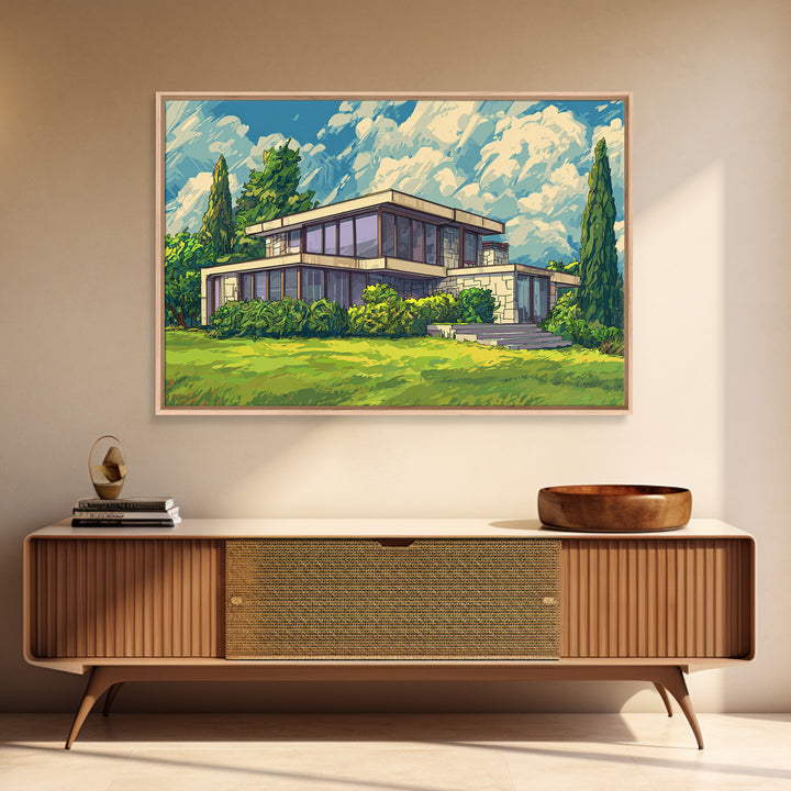 Sunlit Glass Villa And Cypress Garden Canvas Print, Mid Century Modern Wall Art, Architectural Landscape Poster, Living Room Decor