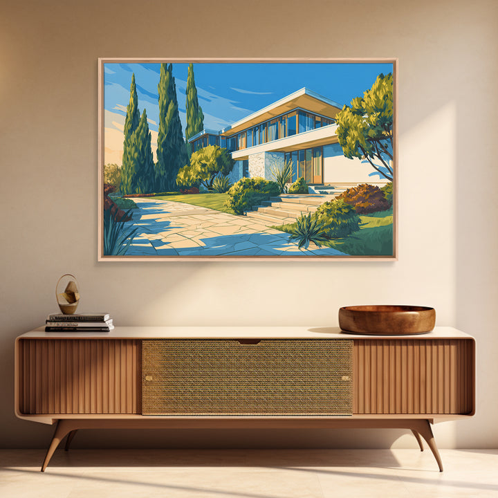 Blue Sky Modernist Villa With Cypress Framed Canvas Print, Mid Century Modern Wall Art, Palm Springs Style Home Decor Poster