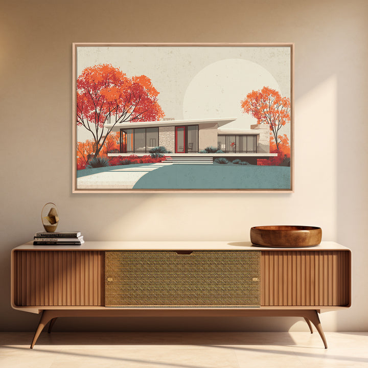 Autumn Mid Century House With Orange Trees Wall Art, Retro Modern Architecture Print, MCM Home Decor, Large Canvas Poster