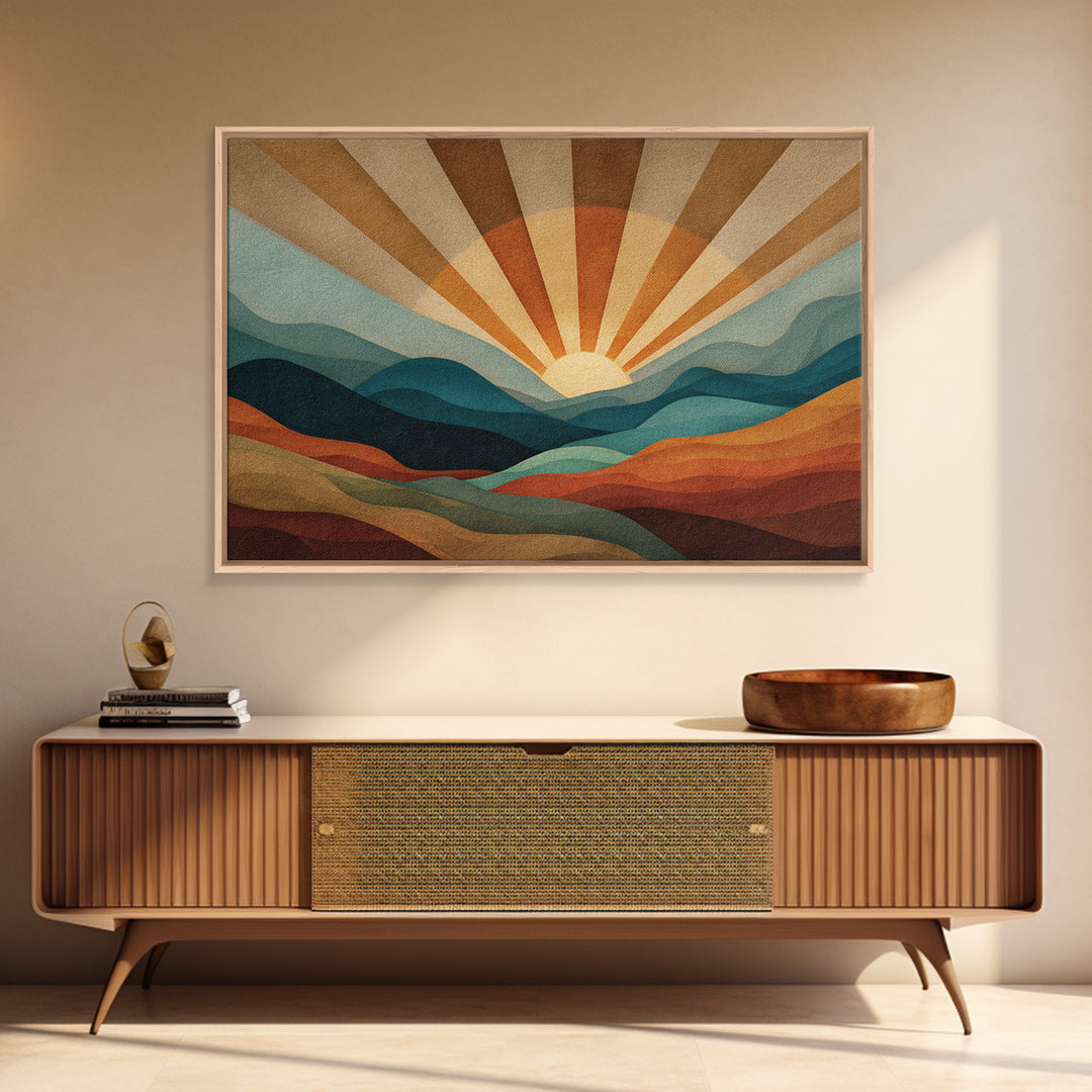 Layered Mountain Sunrise In Teal And Rust Canvas Print, Mid Century Modern Abstract Wall Art, Retro Boho Living Room Decor