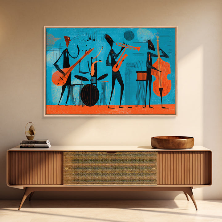 Teal Orange Midcentury Jazz Band With Drums And Bass Canvas Print, Atomic Modern Wall Art, Retro Music Room Decor, Poster
