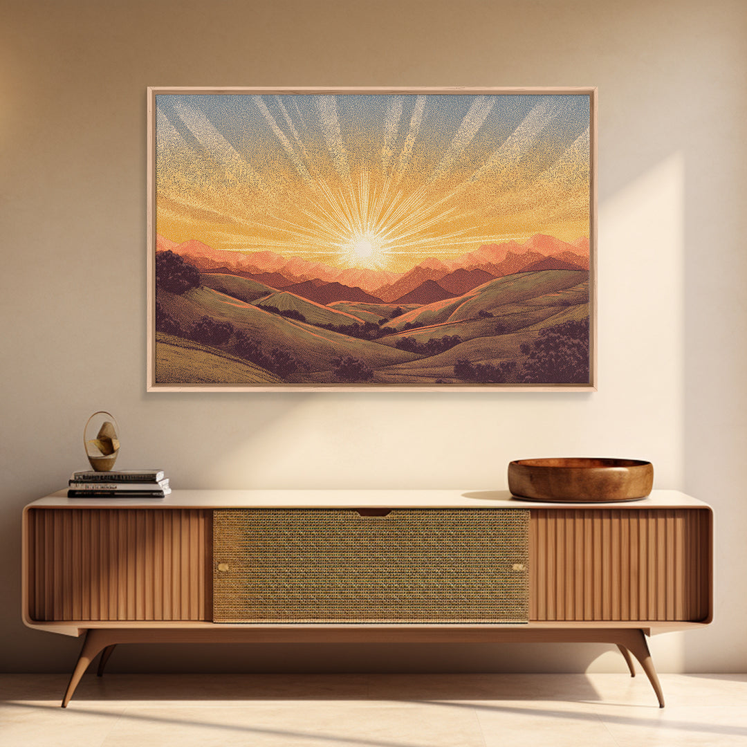 Golden Sunrise Over Rolling Hills Wall Art, Scenic Landscape Poster, Mid Century Modern Nature Art, Warm Bedroom Decor Print