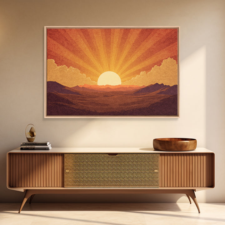 Orange Desert Sunrise Wall Art, Retro Sunburst Landscape Print, Mid Century Modern Decor, Warm Southwestern Living Room Art