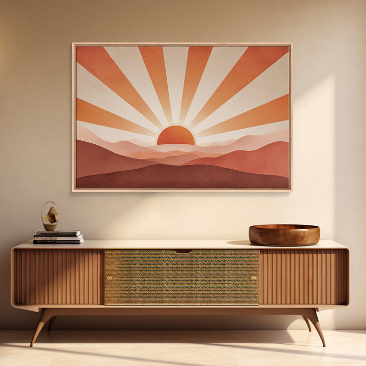 Minimalist Abstract Sunrise Canvas Print, Blush Mountain Landscape, Mid Century Modern Wall Decor For Bedroom And Office
