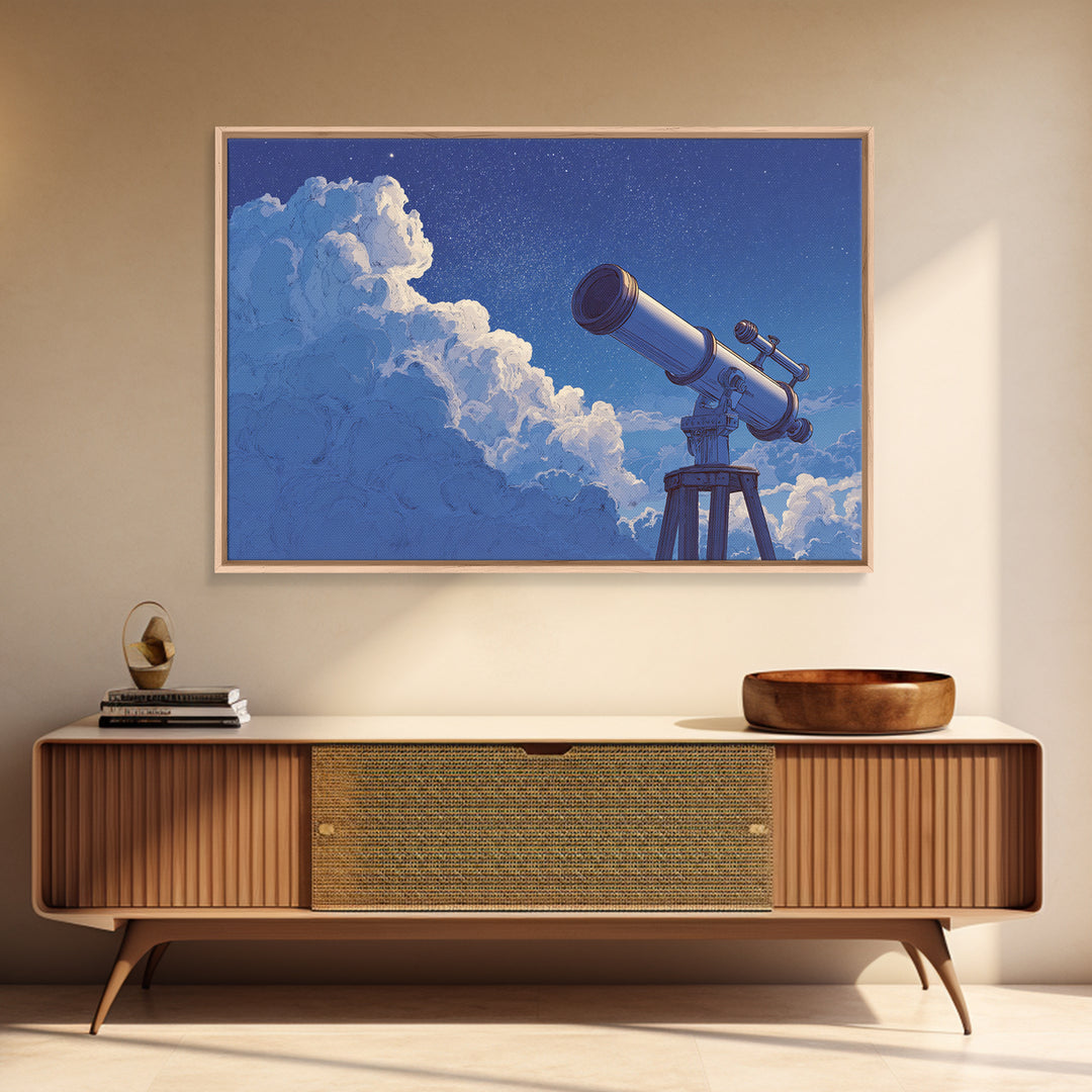 Blue Cloud Telescope Framed Canvas Print, Dreamy Night Sky Illustration, Astronomy Wall Decor For Modern Bedroom And Office Art