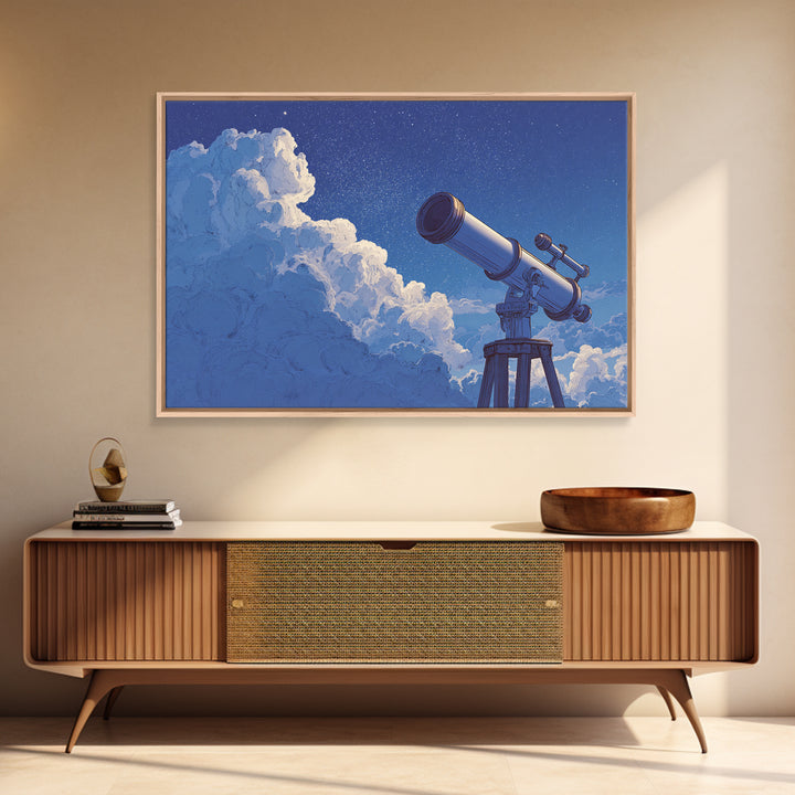 Blue Cloud Telescope Framed Canvas Print, Dreamy Night Sky Illustration, Astronomy Wall Decor For Modern Bedroom And Office Art