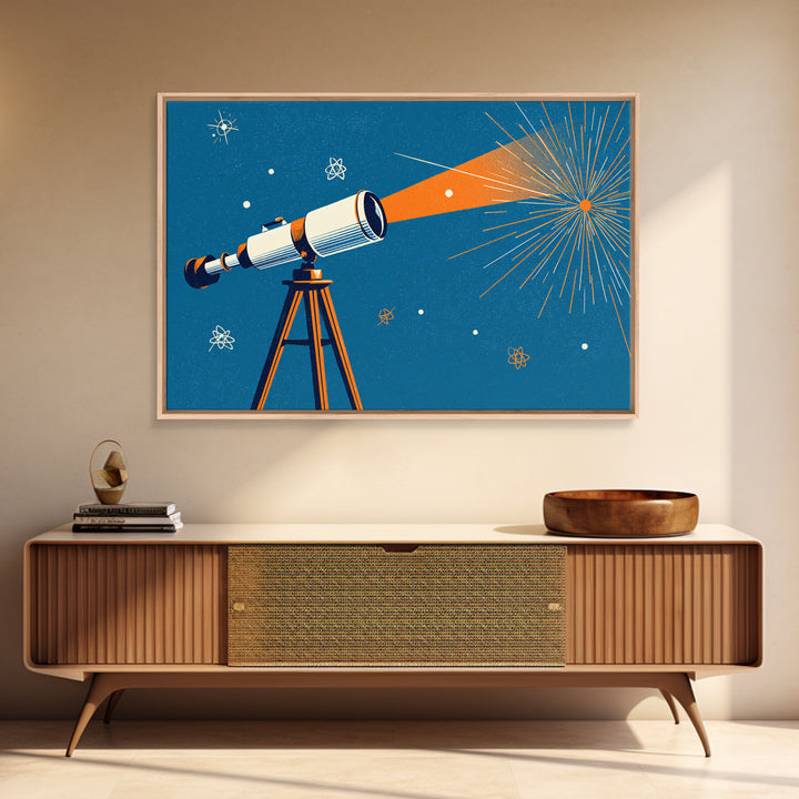 Mid Century Telescope Beam Wall Art, Atomic Space Illustration, Blue Orange Retro Poster For Modern Science Room Home Decor
