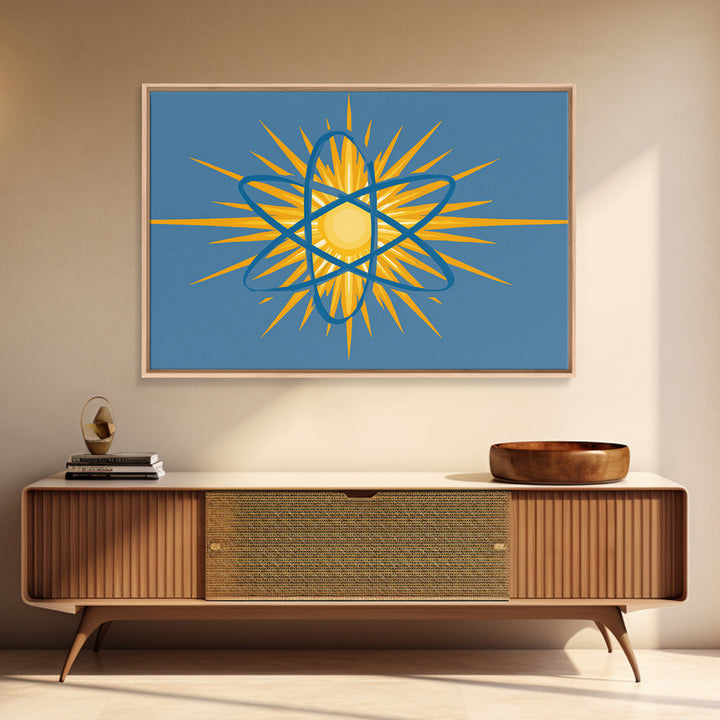 Blue Atom Sunburst Wall Art, Mid Century Modern Science Print, Atomic Geometric Poster For Office And Kids Room Home Decor