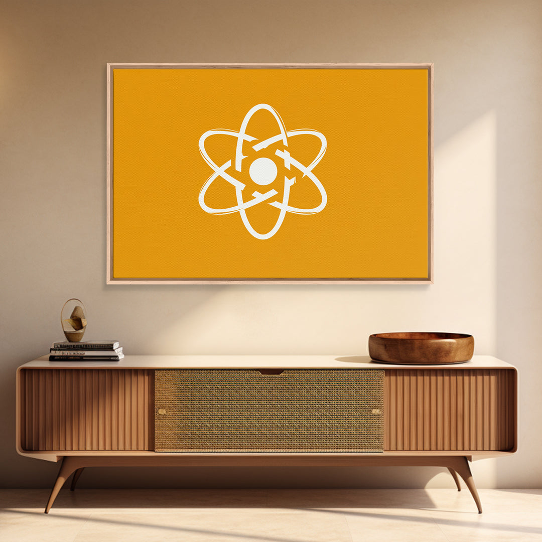White Atom Symbol Canvas Print, Minimal Orange Science Poster, Mid Century Modern Wall Art For Office And Classroom Decor