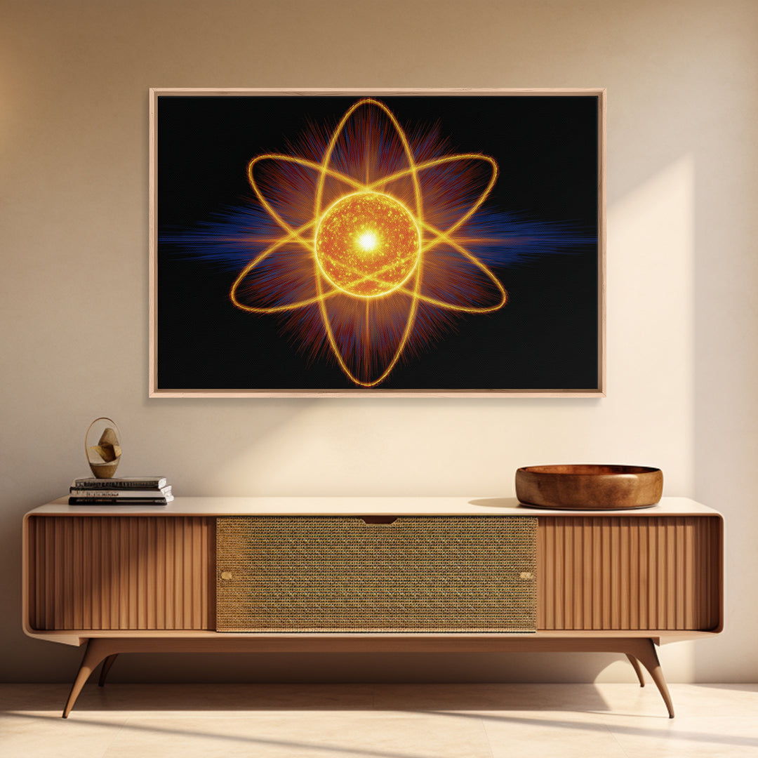 Glowing Atom Energy Wall Art, Black Space Science Print, Atomic Mid Century Modern Poster For Office And Man Cave Home Decor