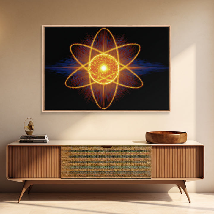Glowing Atom Energy Wall Art, Black Space Science Print, Atomic Mid Century Modern Poster For Office And Man Cave Home Decor