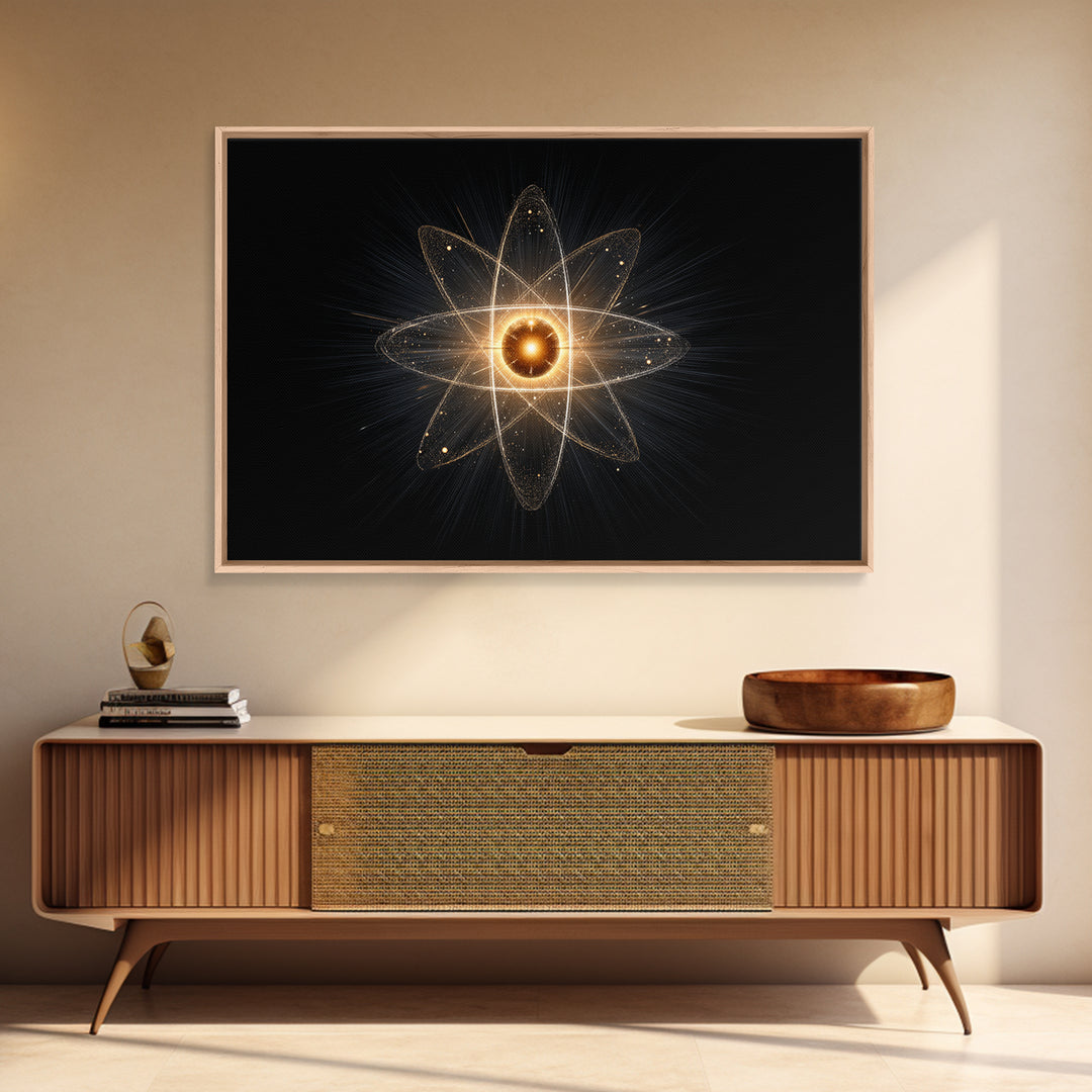 Glowing Atomic Starburst Orbit Wall Art, Midcentury Modern Science Poster, Black Gold Abstract Art Print, Retro Space Decor