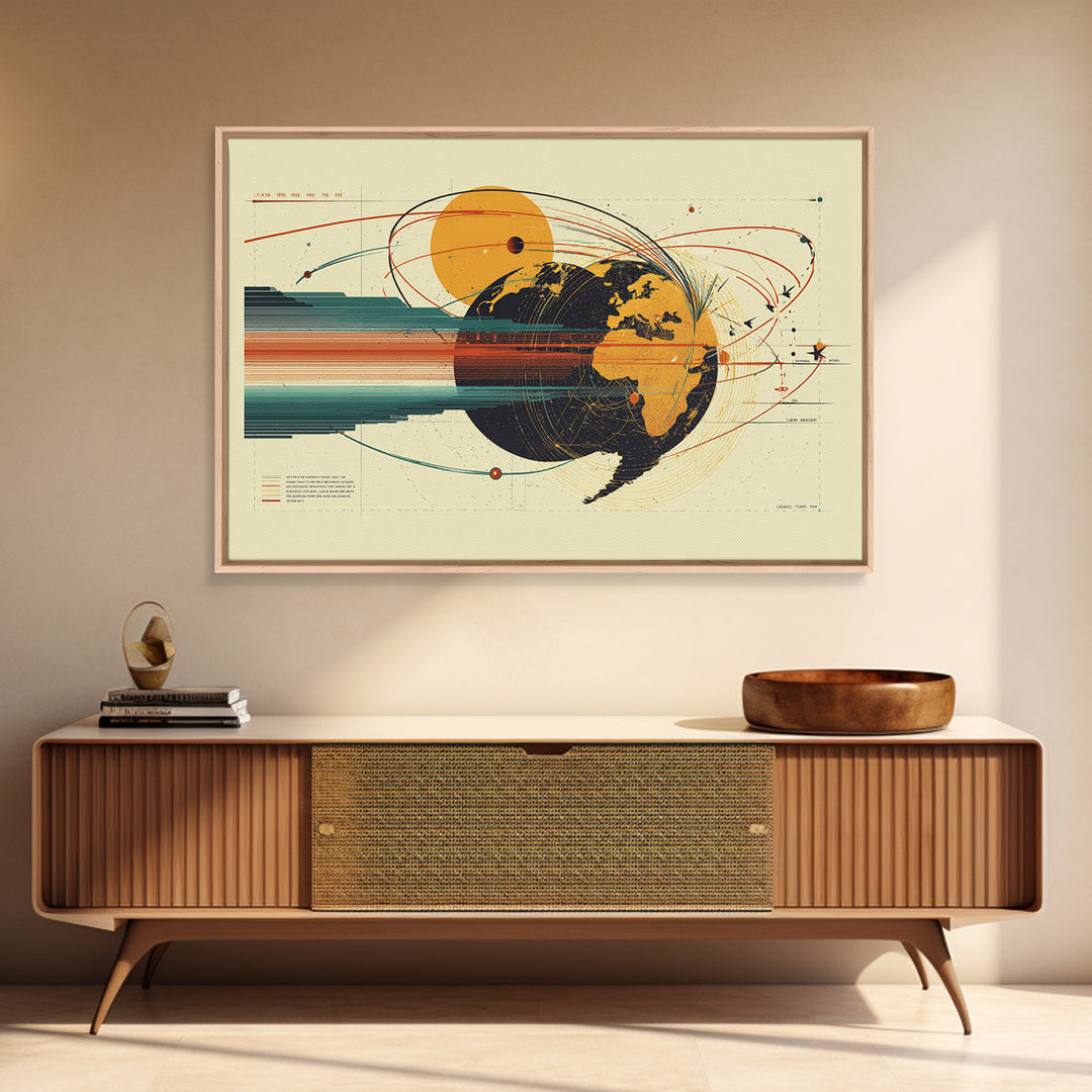 Retro Globe Orbit Wall Art, Midcentury Modern Map Poster, Orange Sun Abstract Geometric Print, Stylish MCM Home Office Decor