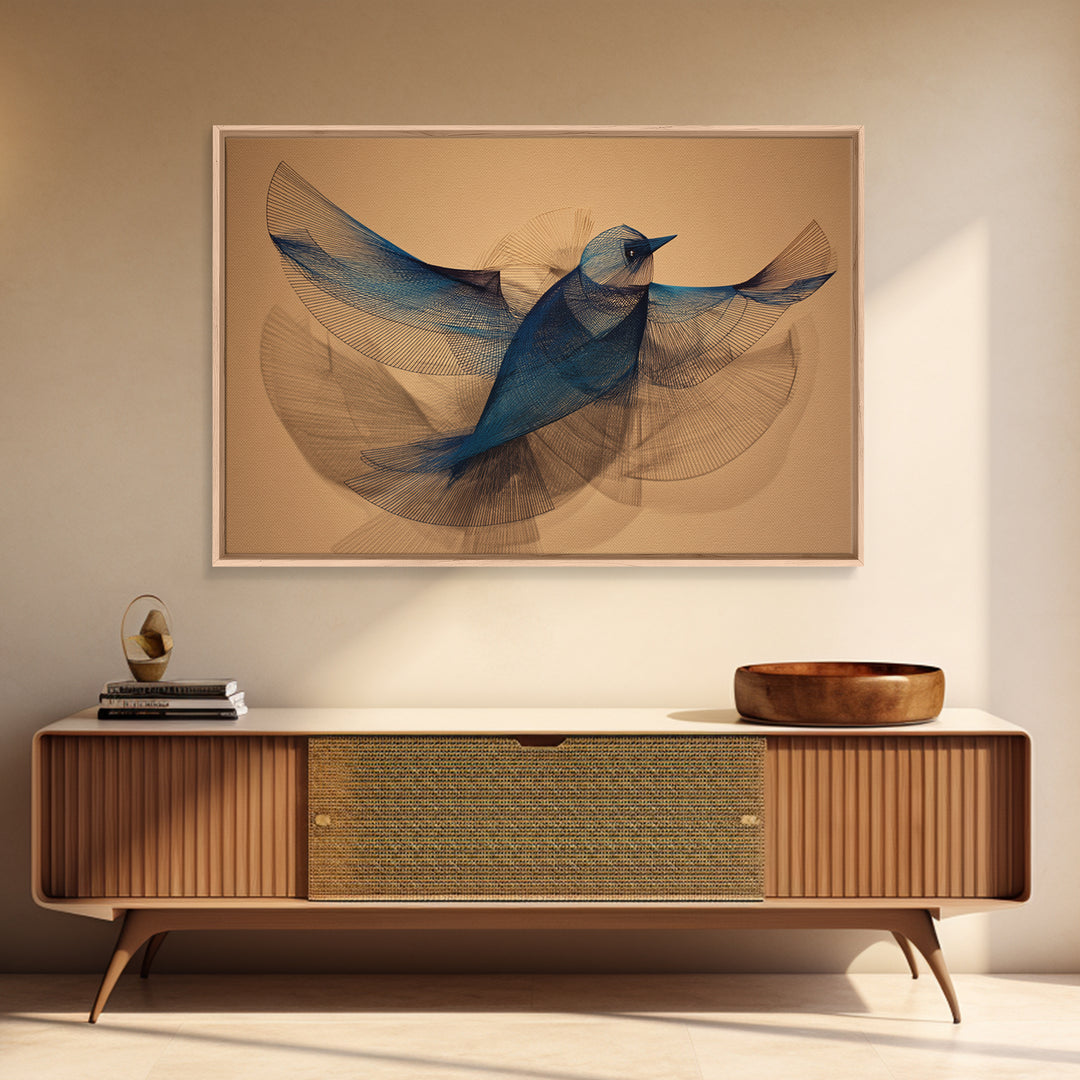 Blue Wire Bird Wall Art, Kinetic Sculpture Inspired Print, Midcentury Modern Abstract Animal Art, Minimalist Tan Home Decor