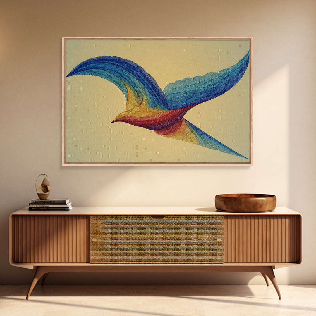 Rainbow Wire Bird Canvas Print, Flowing Kinetic Sculpture Art, Midcentury Modern Abstract Wall Art, Bright Colorful Home Decor