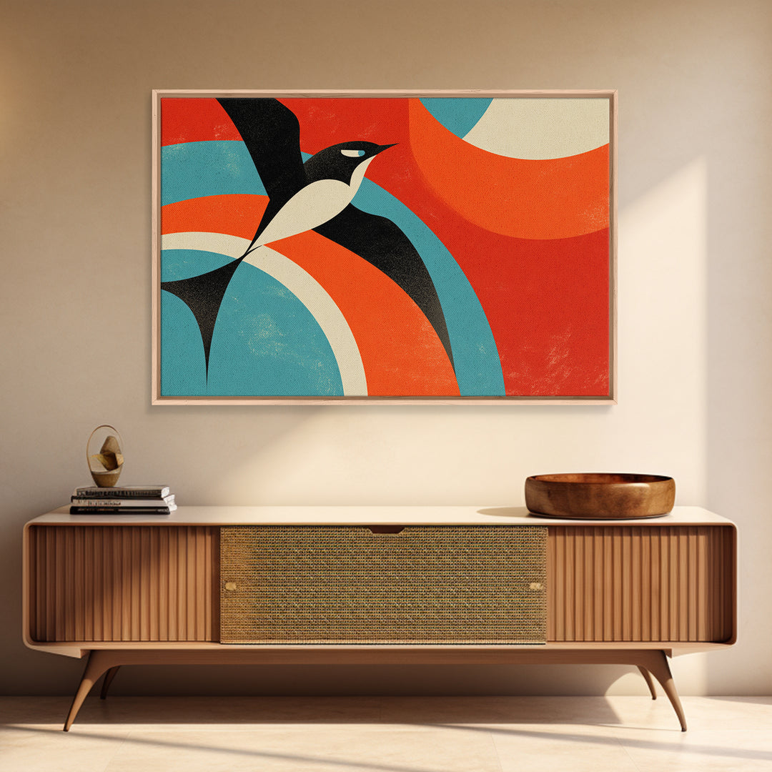 Modern Penguin Bird With Red Sun Canvas Print, Mid Century Modern Wall Decor, Retro Geometric Poster, Colorful Nursery Art