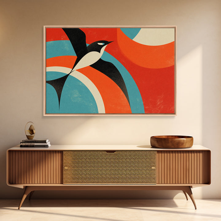 Modern Penguin Bird With Red Sun Canvas Print, Mid Century Modern Wall Decor, Retro Geometric Poster, Colorful Nursery Art