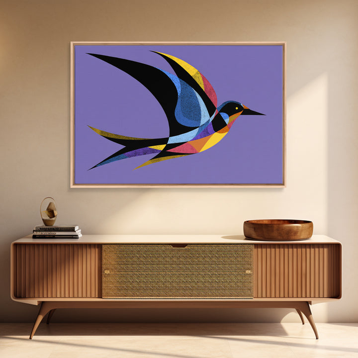 Colorful Swallow Bird On Purple Framed Canvas Print, Mid Century Modern Wall Art, Retro Atomic Decor, Geometric Art Print
