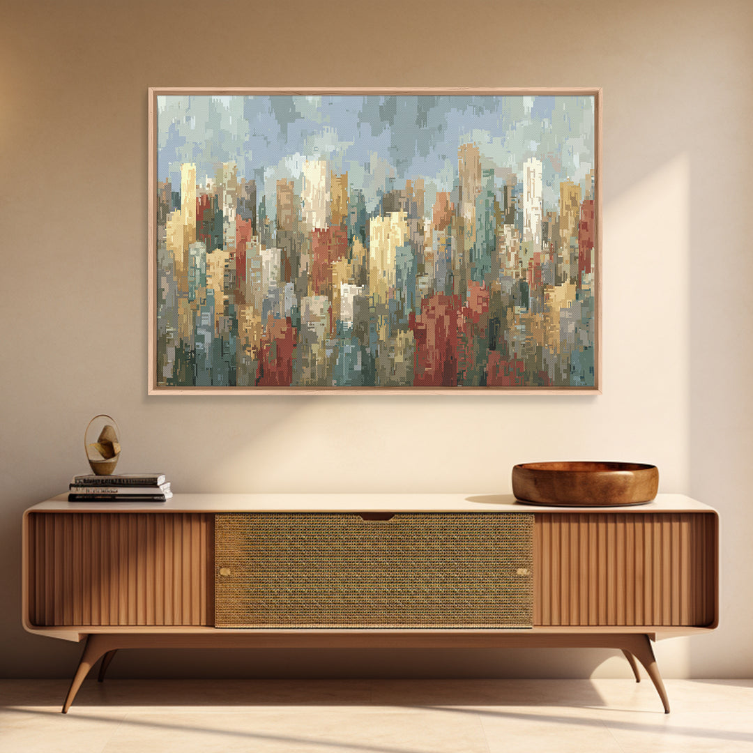 Rainy Impressionist City Skyline Framed Canvas Print, Modern Wall Art, Urban Landscape Decor, Office Poster, Soft Abstract Art