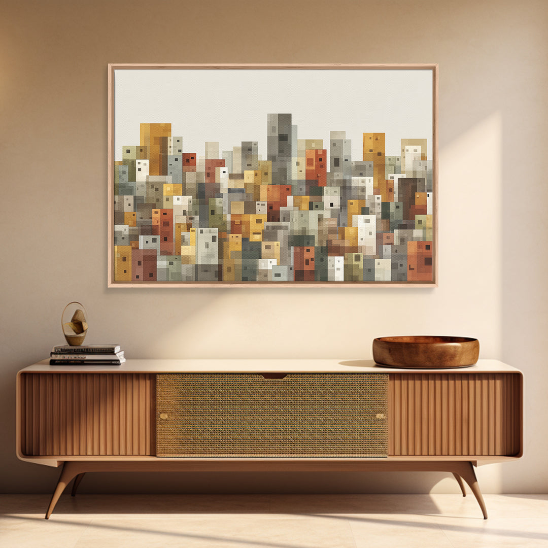 Whimsical Cubist City Blocks Canvas Print, Mid Century Modern Wall Art, Geometric Buildings Decor, Kids Room Cityscape Poster