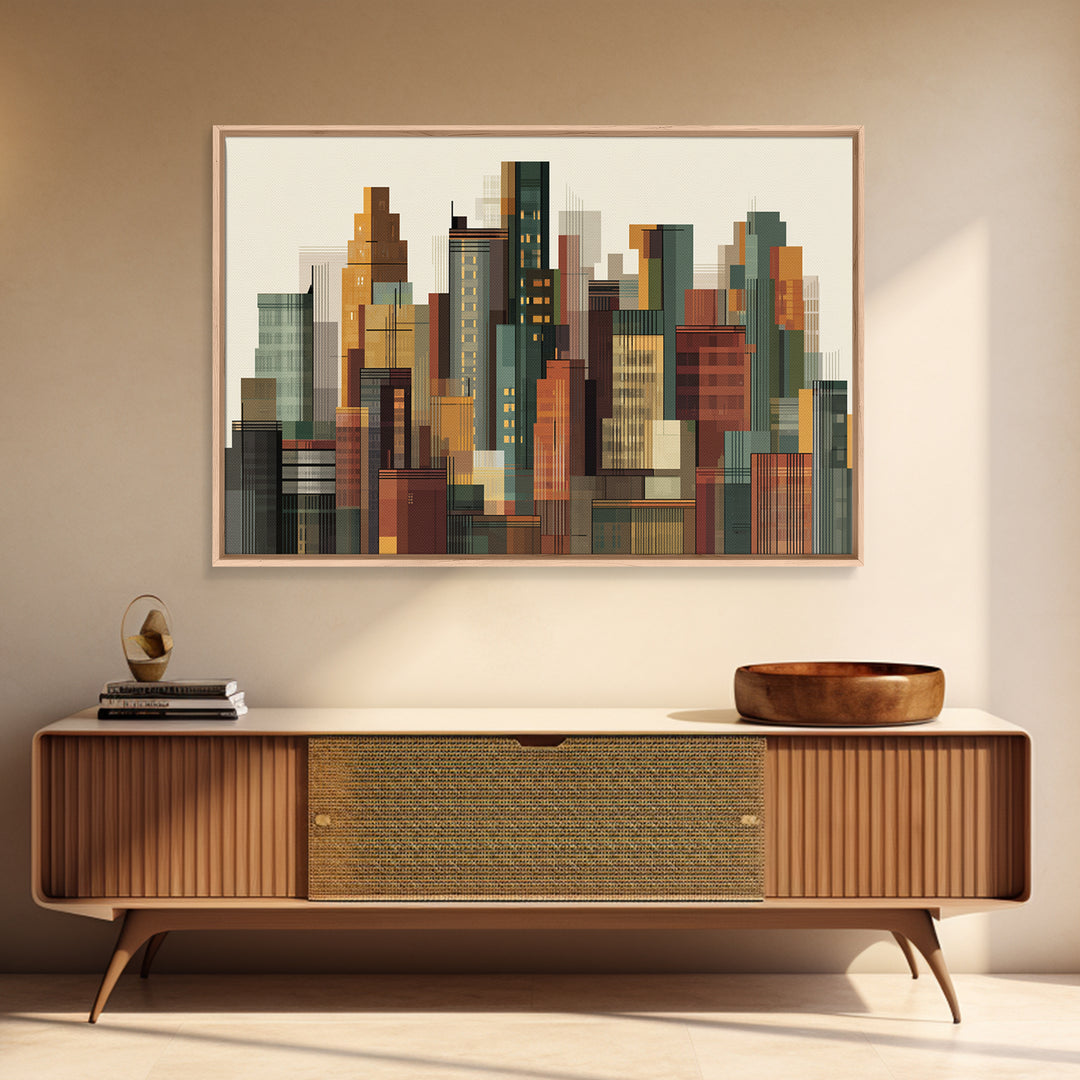 Architectural City Skyline Wall Art, Mid Century Modern Urban Decor, Geometric Building Print, MCM Office Poster, Warm Neutral