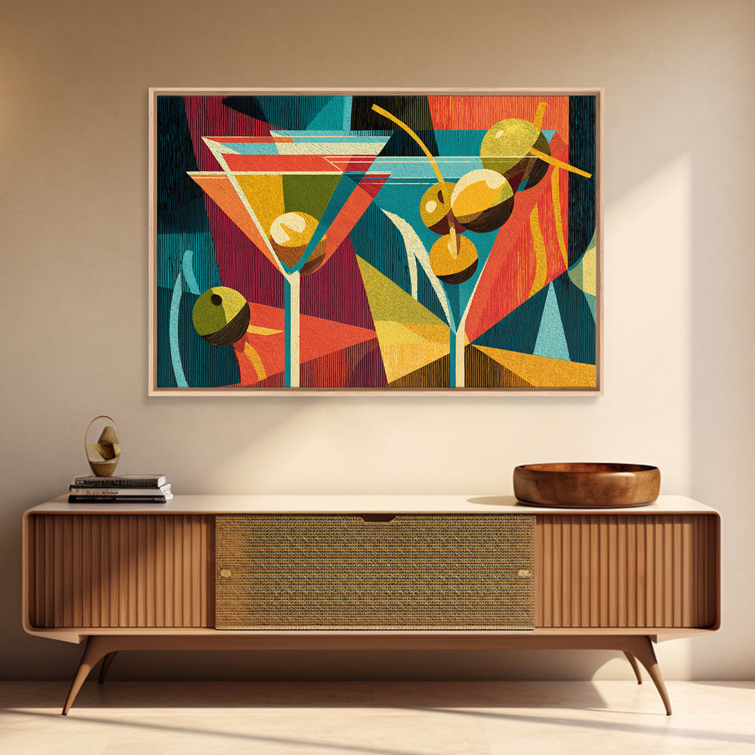 Retro Martini With Olives Canvas Print, Mid Century Modern Bar Cart Wall Art, Cocktail Decor, Colorful Geometric Kitchen Poster