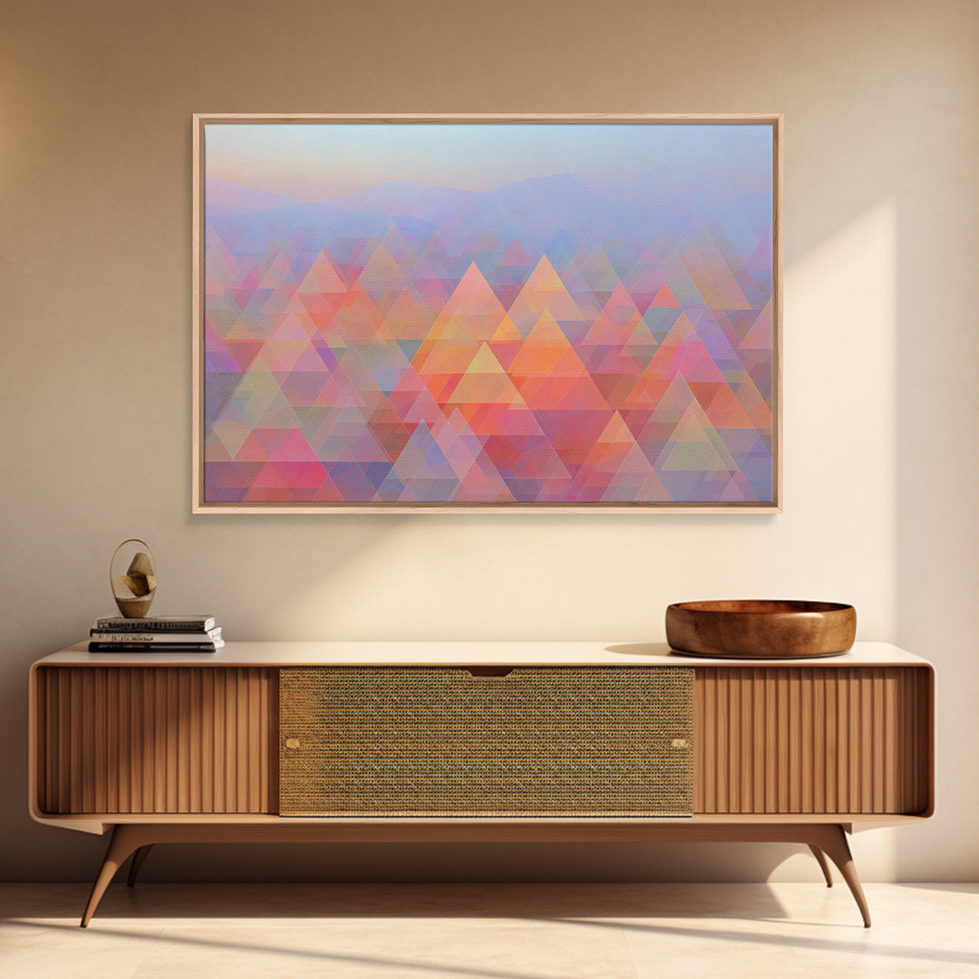 Pastel Triangle Mountain Landscape Wall Art, Geometric Abstract Art, Midcentury Modern Living Room Decor, Colorful Canvas Print
