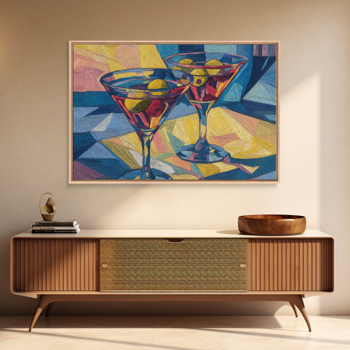 Cubist Martini Glasses With Olives Framed Canvas Print, Retro Cocktail Wall Art, Mid Century Modern Bar Cart Kitchen Decor