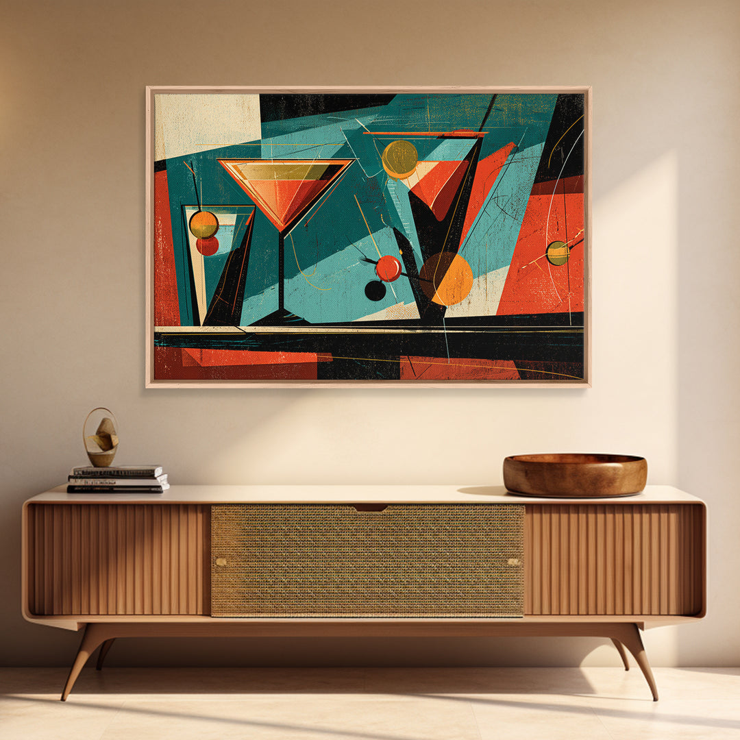 Teal Martini Glasses Abstract, Midcentury Modern Wall Art, Retro Cocktail Bar Poster, Colorful Geometric MCM Decor Print Gift
