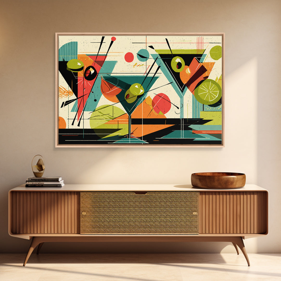 Olive Martini Glasses With Lime, Midcentury Modern Wall Art, Retro Cocktail Print, Atomic Bar Decor, Colorful MCM Poster