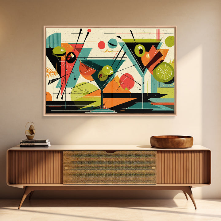 Olive Martini Glasses With Lime, Midcentury Modern Wall Art, Retro Cocktail Print, Atomic Bar Decor, Colorful MCM Poster