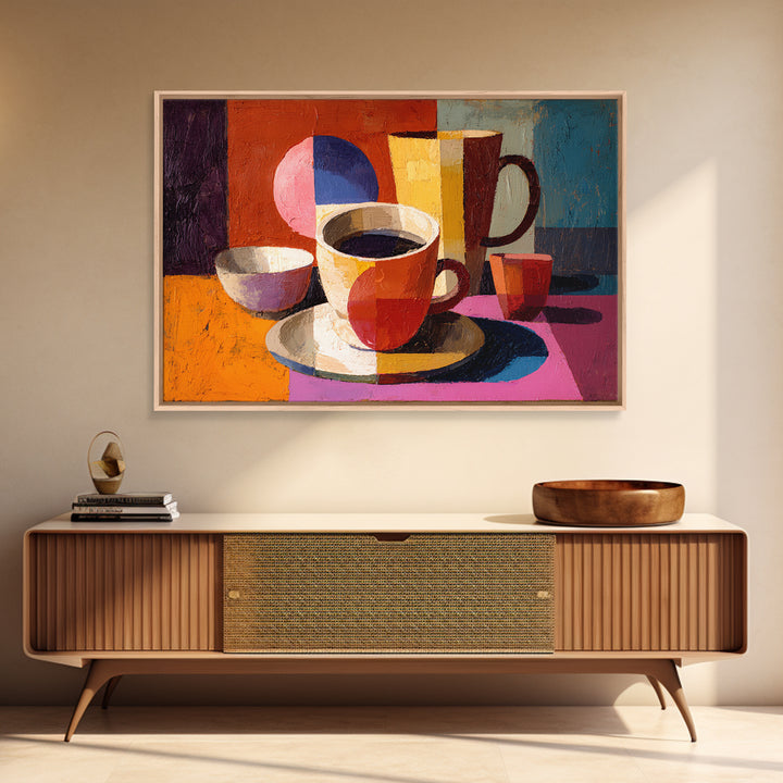 Cubist Coffee Cups Still Life, Framed Canvas Print, Midcentury Kitchen Art, Retro Coffee Poster, Colorful Home Decor Print