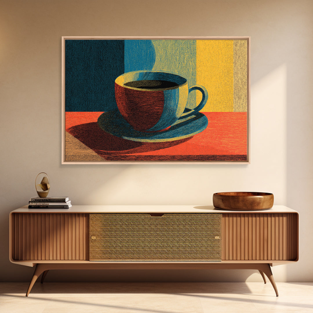 Sunlit Coffee Cup Still Life, Canvas Print, Midcentury Modern Art, Retro Kitchen Poster, Warm Orange Blue Wall Decor Print