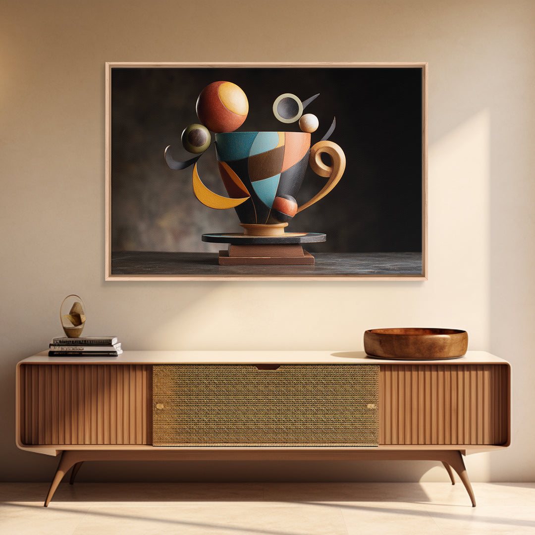 Geometric Sculptural Teacup Still Life, Framed Canvas Print, Midcentury Modern Artwork, Abstract Coffee Decor Statement Piece